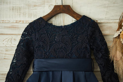 Long Sleeves Navy Blue Lace Satin Wedding Flower Girl Dress 