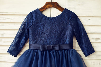 Long Sleeves Navy blue Lace Tulle Flower Girl Dress