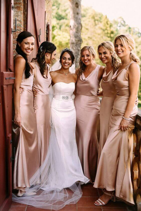 Cheap Floor length Rose Gold Bridesmaid Dresses Satin Sleeveless