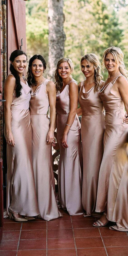 Cheap Floor length Rose Gold Bridesmaid Dresses Satin Sleeveless