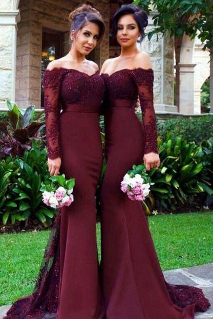 Roycebridal Lace Burgundy Bridesmaid Dress Off-the-Shoulder Mermaid Prom Dresses