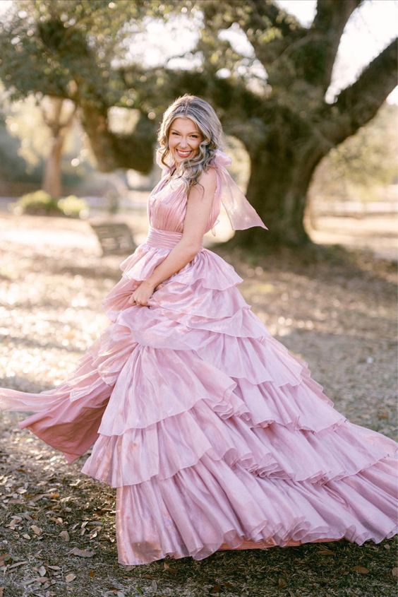 Roycebridal August | Glitter Tie Straps Pink Plunging Neck Tiered Long Prom Dress