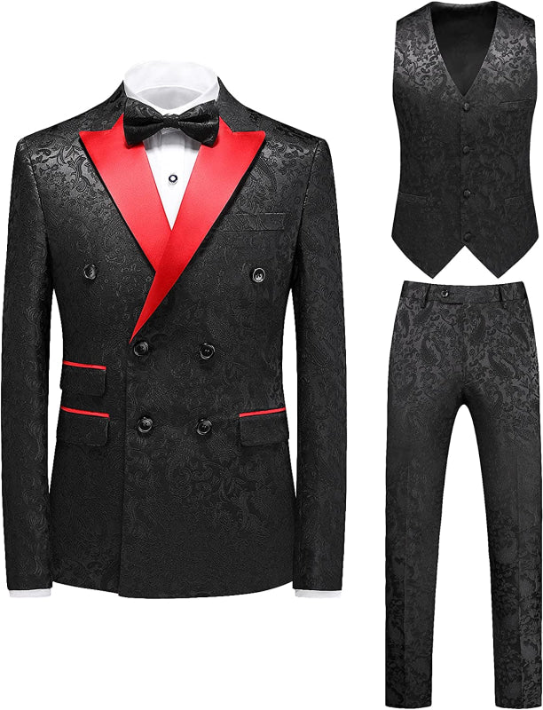 Johnson Formal Black Jacquard Double Breasted Three Pieces Prom Suits