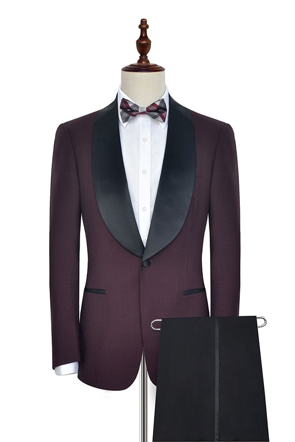 Luxury Black Shawl Collor One Button Burgundy Wedding Suits for Men-showprettydress