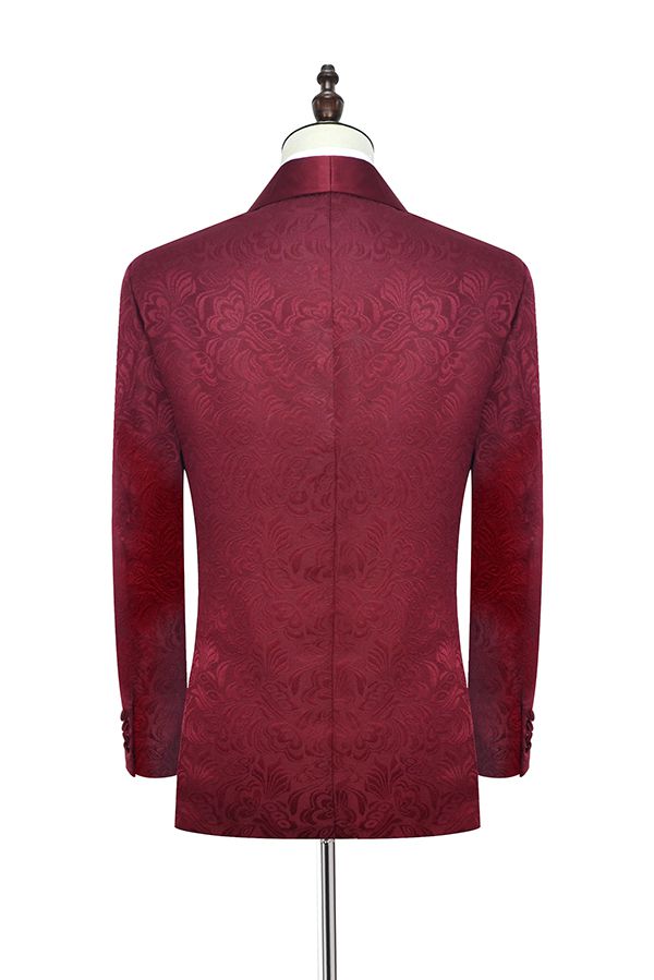 Luxury Burgundy Jacquard One Button Silk Shawl Lapel Mens Suits for Wedding and Prom-showprettydress