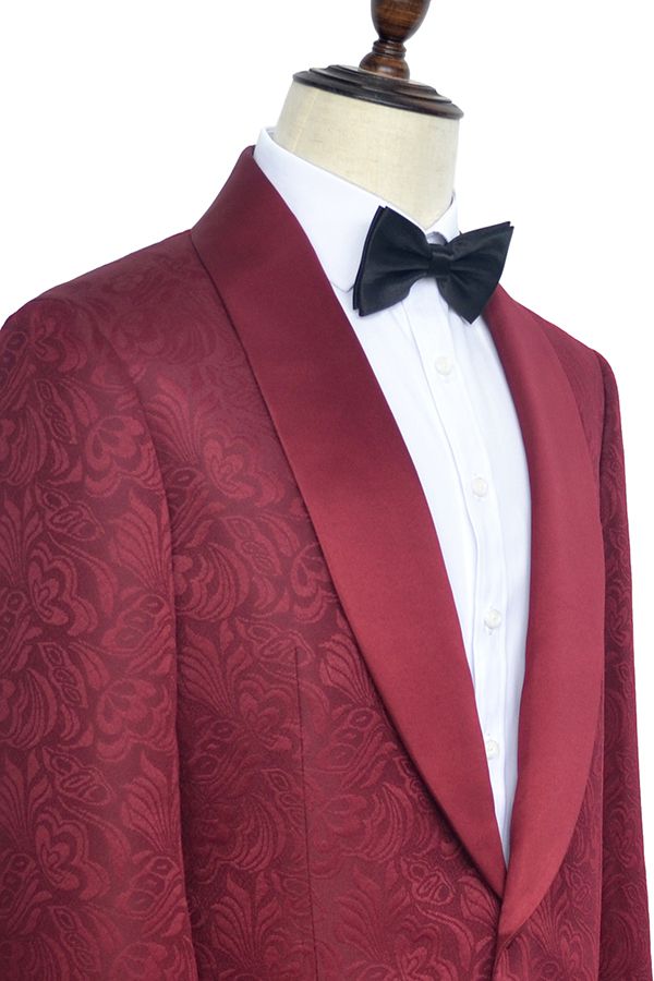 Luxury Burgundy Jacquard One Button Silk Shawl Lapel Mens Suits for Wedding and Prom-showprettydress