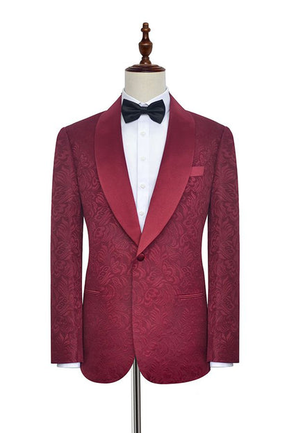 Luxury Burgundy Jacquard One Button Silk Shawl Lapel Mens Suits for Wedding and Prom-showprettydress