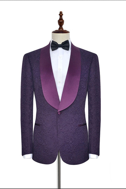 Luxury Dark Purple One Button Wedding Tuxedos Silk Shawl Lapel Jacquard Prom Suits-showprettydress