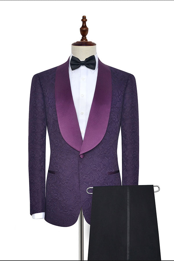 Luxury Dark Purple One Button Wedding Tuxedos Silk Shawl Lapel Jacquard Prom Suits-showprettydress