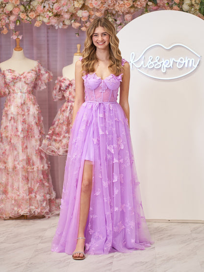 Roycebridal Lydia | Lilac A-line Butterfly Lace Lilac Corset Prom Dress with Slit