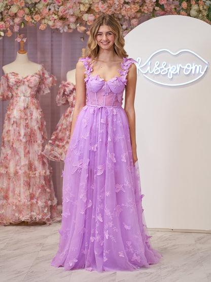 Roycebridal Lydia | Lilac A-line Butterfly Lace Lilac Corset Prom Dress with Slit