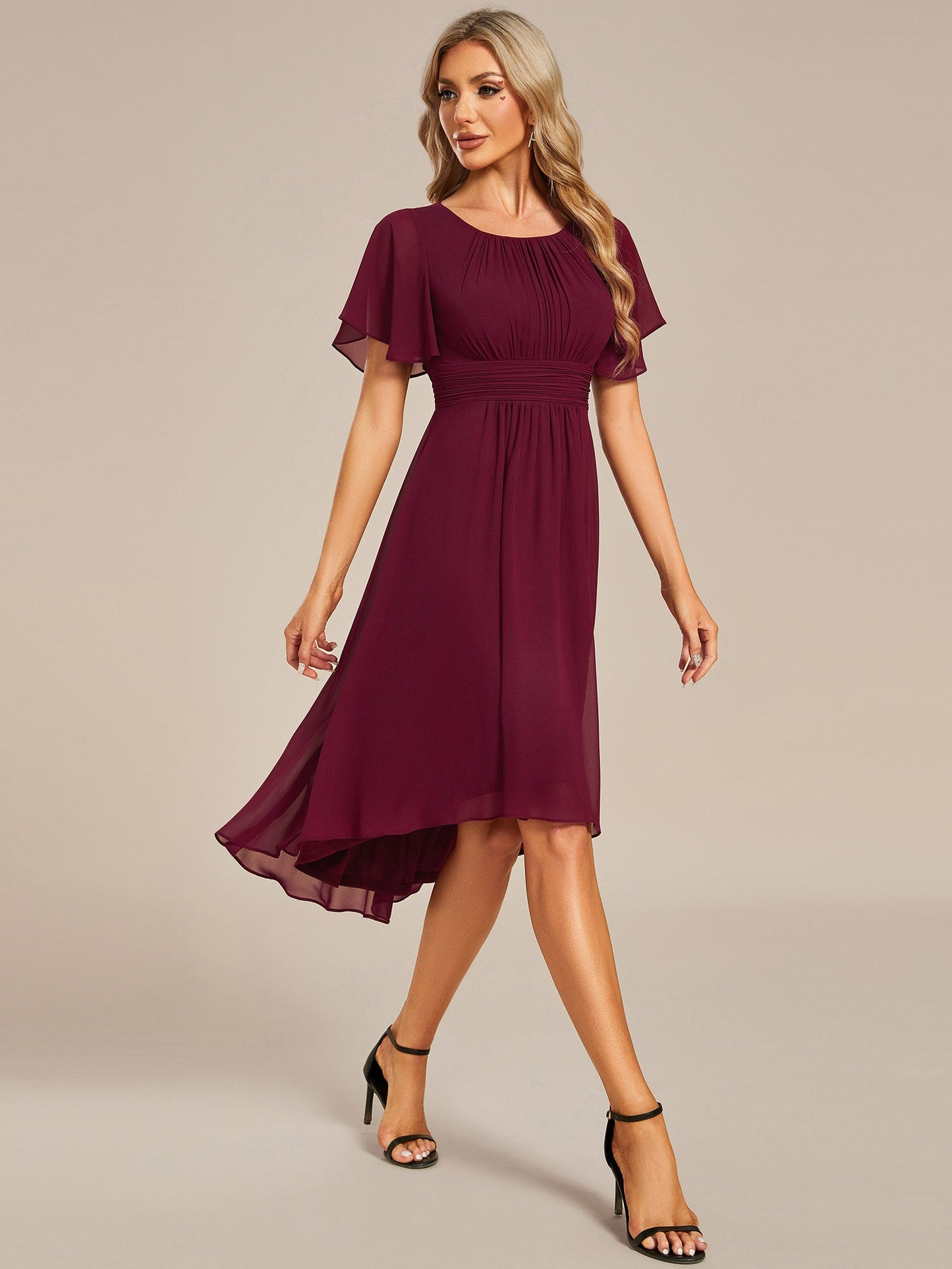 Lyra burgundy chiffon dress with sleeves and high neck s16 Express NZ wide - Bay Bridal and Ball Gowns