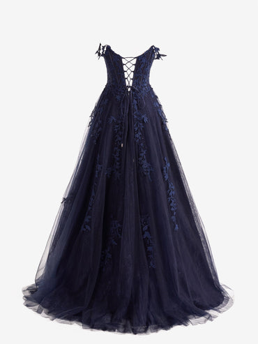 Roycebridal Mariana |Navy Blue A-line Sweetheart Lace Tulle Prom Dress with Slit