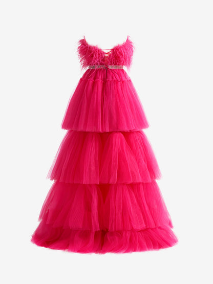 Roycebridal Marie| Fuchsia A-line High-Low Strapless Ruffled Tulle Prom Dress with Feathers