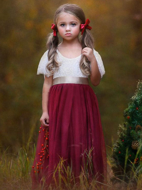 Maroon Jewel Neck Short Sleeves Sash Kids Social Party Dresses-showprettydress