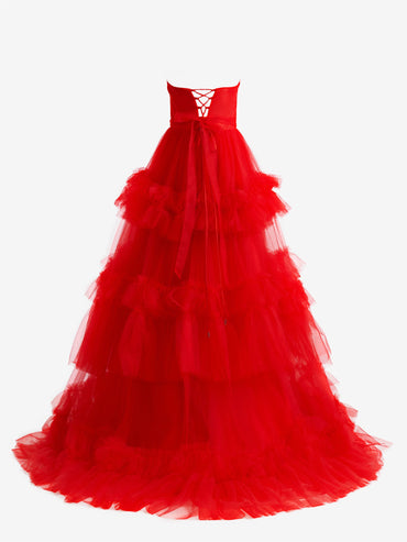 Roycebridal Matilda |Red A-Line Strapless Ruffled Tulle Evening Dress