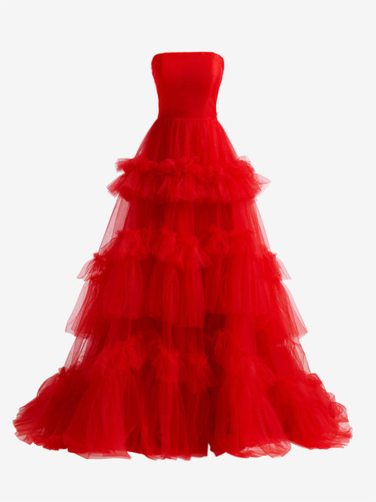 Roycebridal Matilda |Red A-Line Strapless Ruffled Tulle Evening Dress