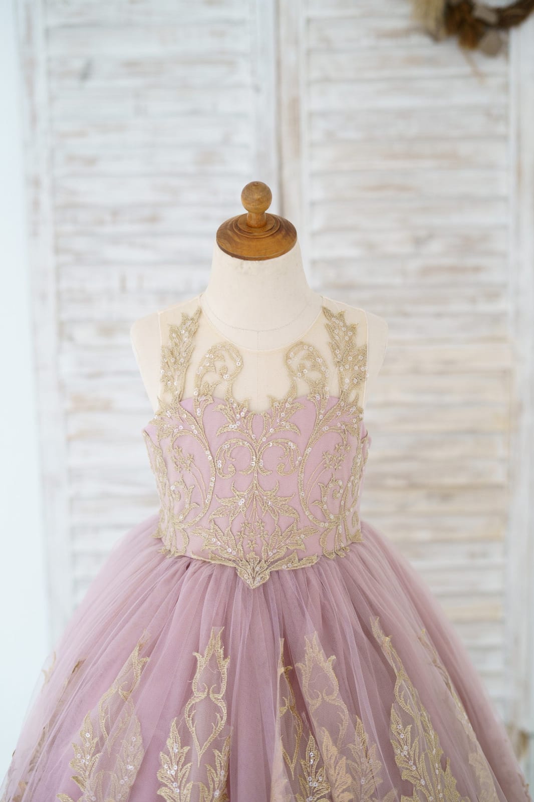 Mauve Tulle Gold Lace Sheer Back Wedding Flower Girl Dress 