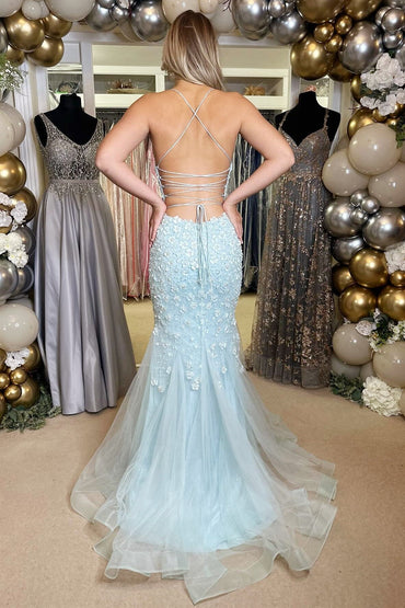 Vada | Light Blue Floral Appliques V-Neck Lace-Up Long Gown