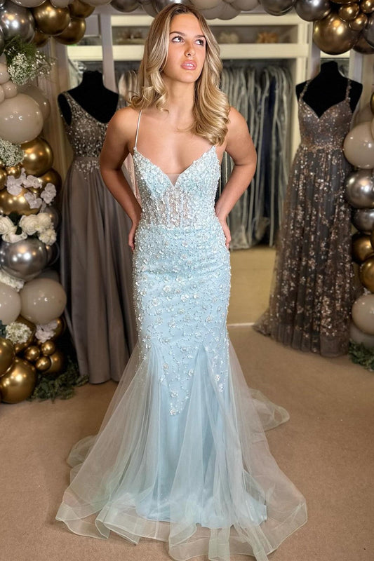 Vada | Light Blue Floral Appliques V-Neck Lace-Up Long Gown