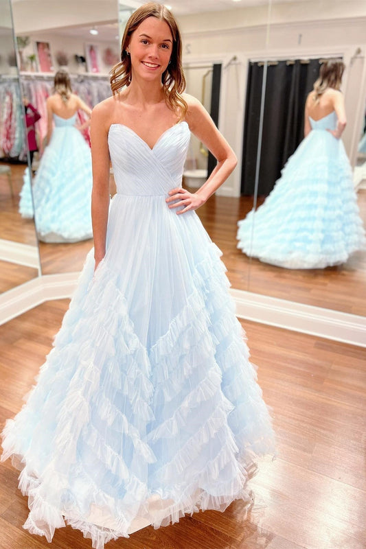 Roycebridal Light Blue Strapless Ruffle Long Prom Dress