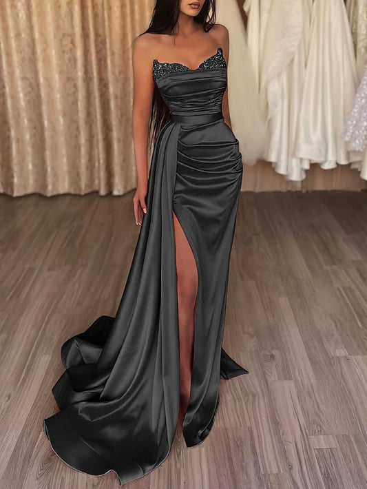 Sasha | Mermaid Evening Gown Sexy Dress Prom Court Train Sleeveless Strapless Satin with Slit Pure Color