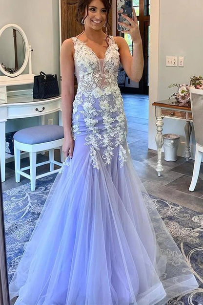 Roycebridal Kelsey | Mermaid Prom Dresses Floral Dress Formal Sweep Train Sleeveless V Neck Tulle with Ruffles Appliques