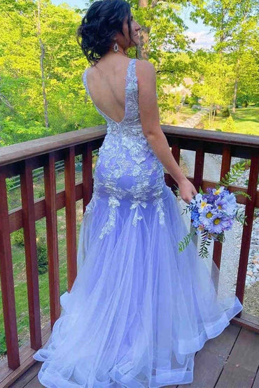 Roycebridal Kelsey | Mermaid Prom Dresses Floral Dress Formal Sweep Train Sleeveless V Neck Tulle with Ruffles Appliques