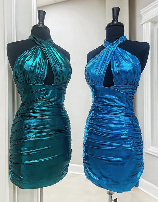 Metallic Emerald Green Halter Tight Satin Homecoming Dress