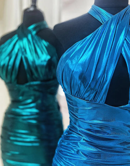 Metallic Emerald Green Halter Tight Satin Homecoming Dress