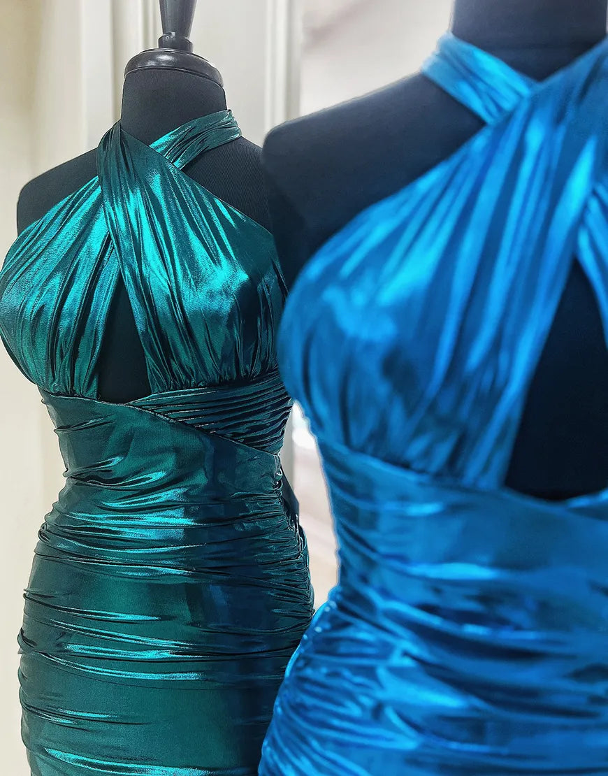 Metallic Emerald Green Halter Tight Satin Homecoming Dress