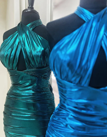 Metallic Emerald Green Halter Tight Satin Homecoming Dress