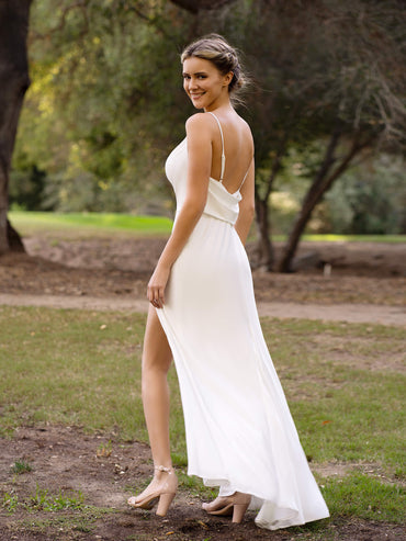 Ivory Spaghetti Straps Slip Bridesmaid Dress with Open Back and Slit