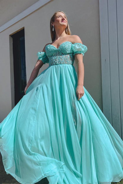 Roycebridal Off-Shoulder A-line Chiffon Applique Lace-Up Long Prom Dress