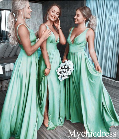 Backless Long Beach V-Neck Gold Bridesmaid Dresses Slit Side