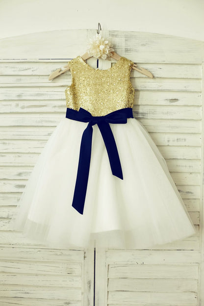 Mint Sequin Ivory Tulle Flower Girl Dress with Navy Blue 