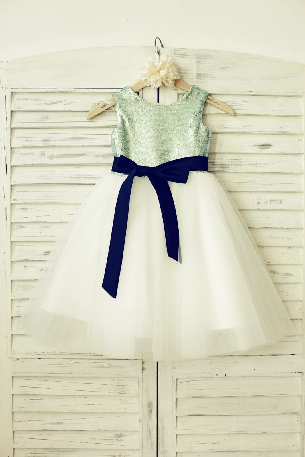 Mint Sequin Ivory Tulle Flower Girl Dress with Navy Blue 