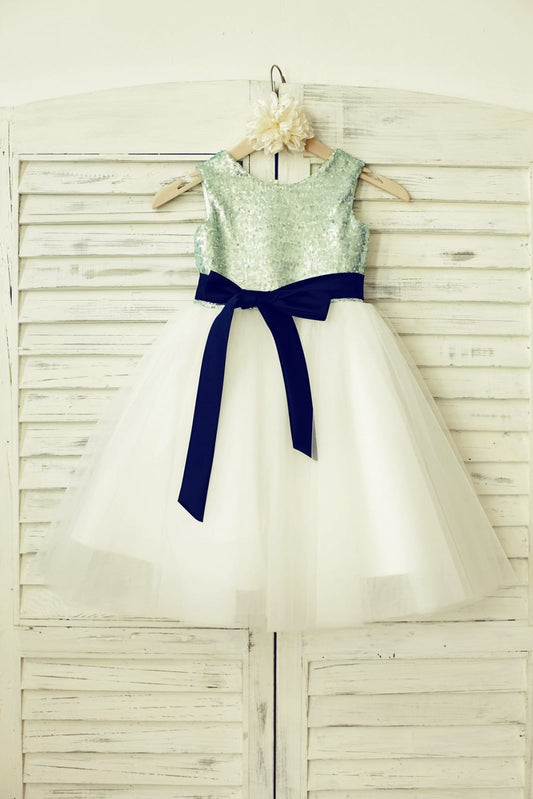 Mint Sequin Ivory Tulle Flower Girl Dress with Navy Blue 