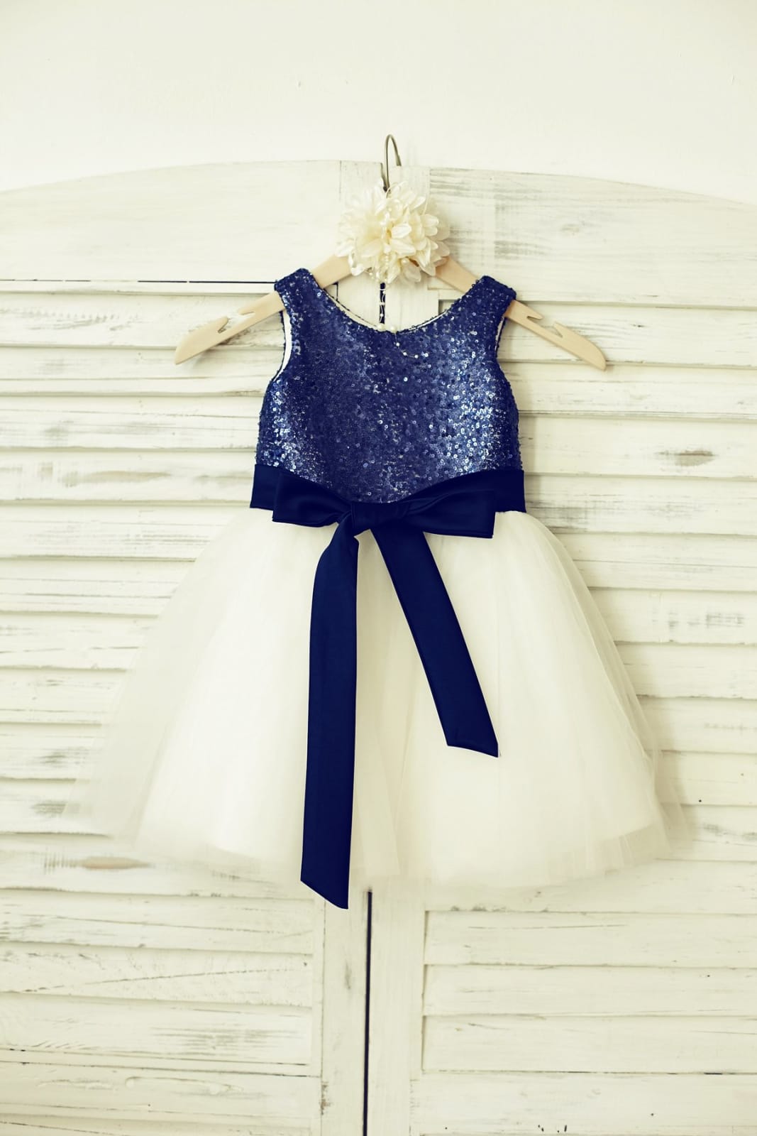 Mint Sequin Ivory Tulle Flower Girl Dress with Navy Blue 