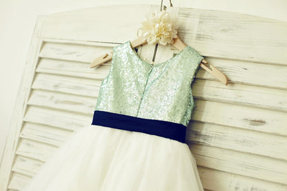 Mint Sequin Ivory Tulle Flower Girl Dress with Navy Blue 