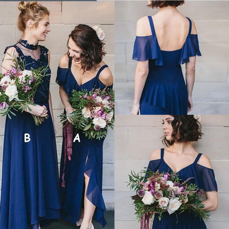 Roycebridal High-Neck Royal-Blue Bridesmaid Dresses V-neck Spaghetti-Straps