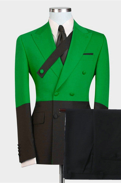 Modern Green and Black Double Breasted Peaked Lapel Designer Men Suits-showprettydress