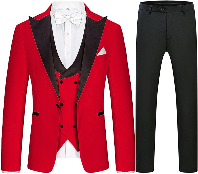 Hubery Modern Red Peaked Lapel Three Pieces Men Suits For Prom