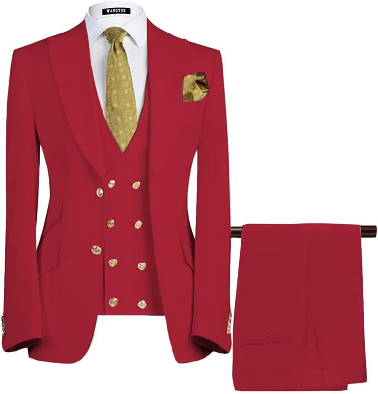 Beau Modern Red Three Pieces Peaked Lapel Prom Suits For Men