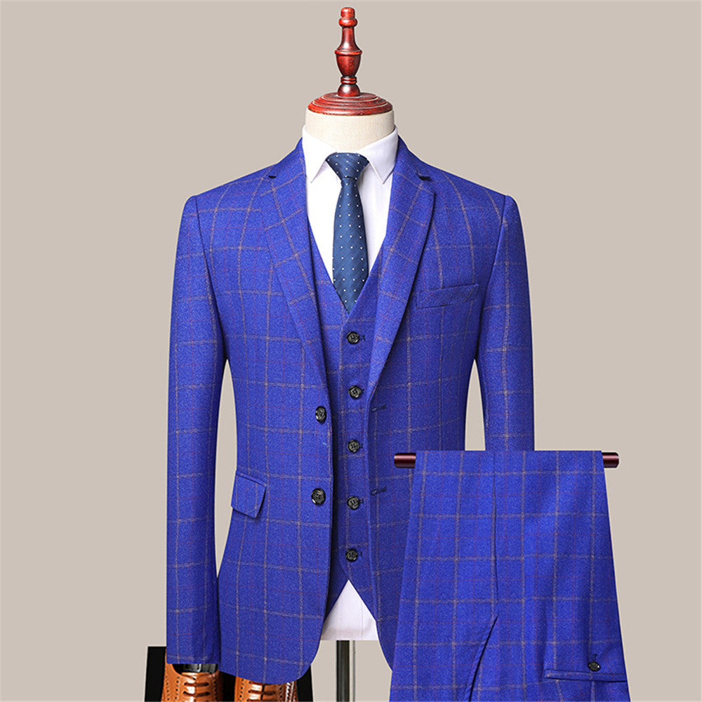 Modern Royal Blue Classic Plaid Slim Fit Formal Men Suits-showprettydress