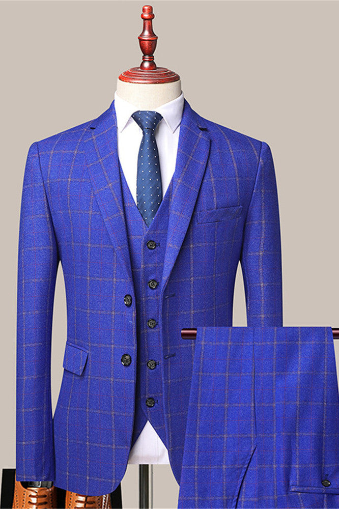 Modern Royal Blue Classic Plaid Slim Fit Formal Men Suits-showprettydress