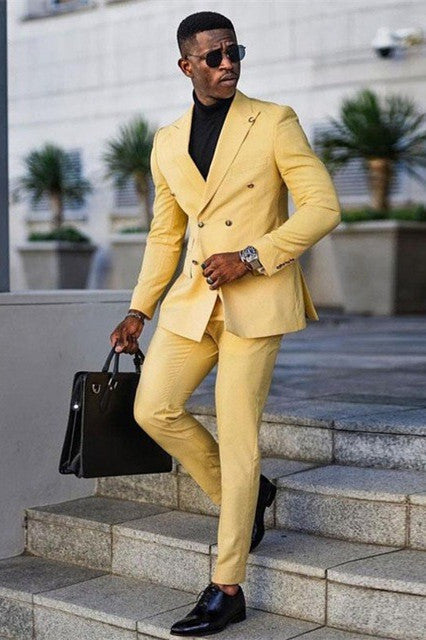 Modern Yellow Double Breasted Peaked Lapel Men's Prom Suits-showprettydress