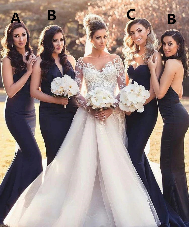 Sexy Long Mermaid Convertible Dark Navy Bridesmaid Dresses