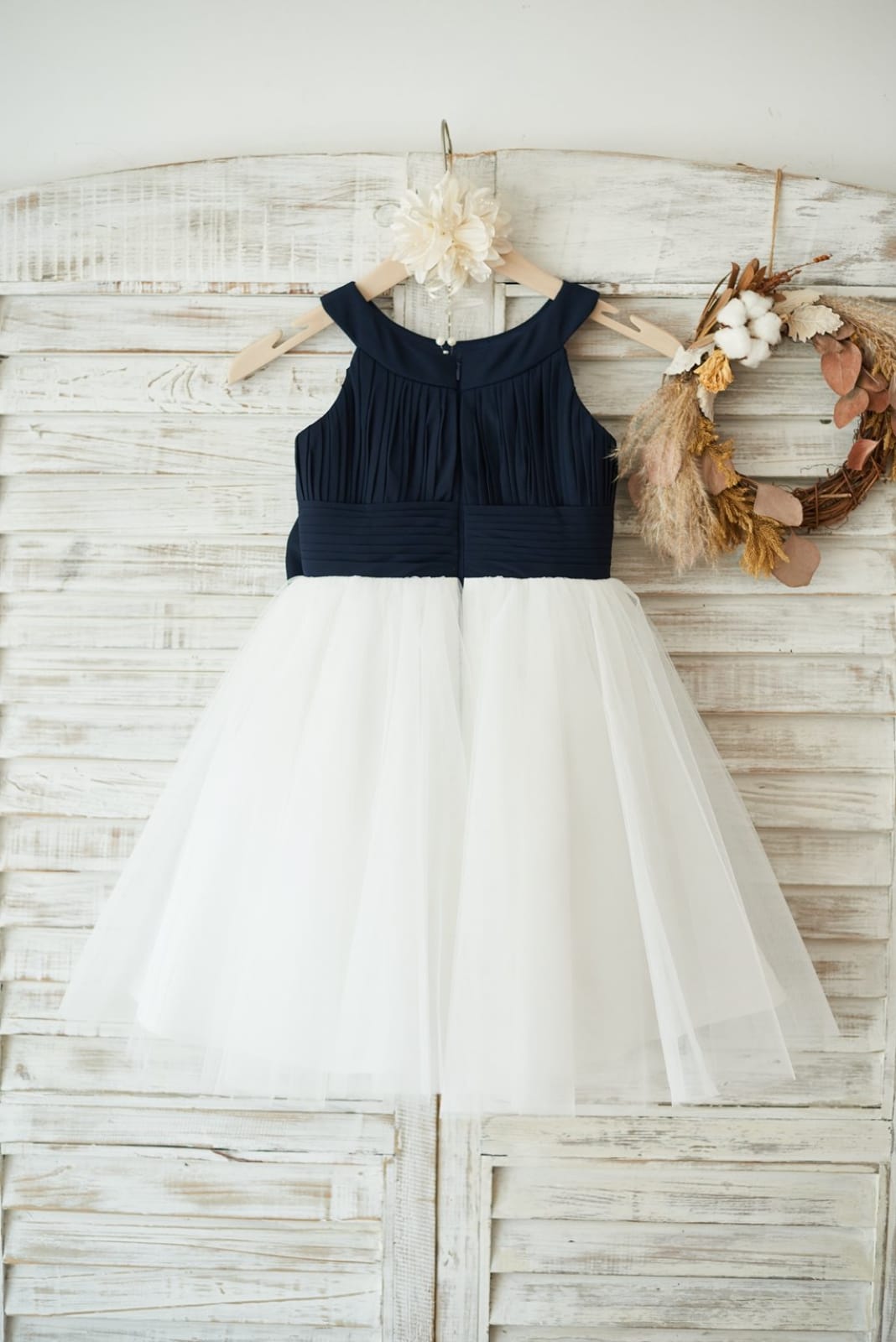 Navy Blue Chiffon Ivory Tulle Halter Neck Wedding Flower 