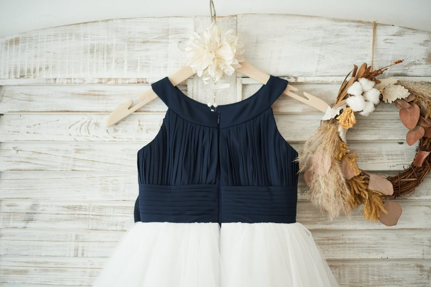 Navy Blue Chiffon Ivory Tulle Halter Neck Wedding Flower 